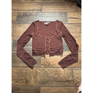Urban Outfitters Brown Ribbed Lace Trim Cropped Cardigan Sweater Top‎ S
